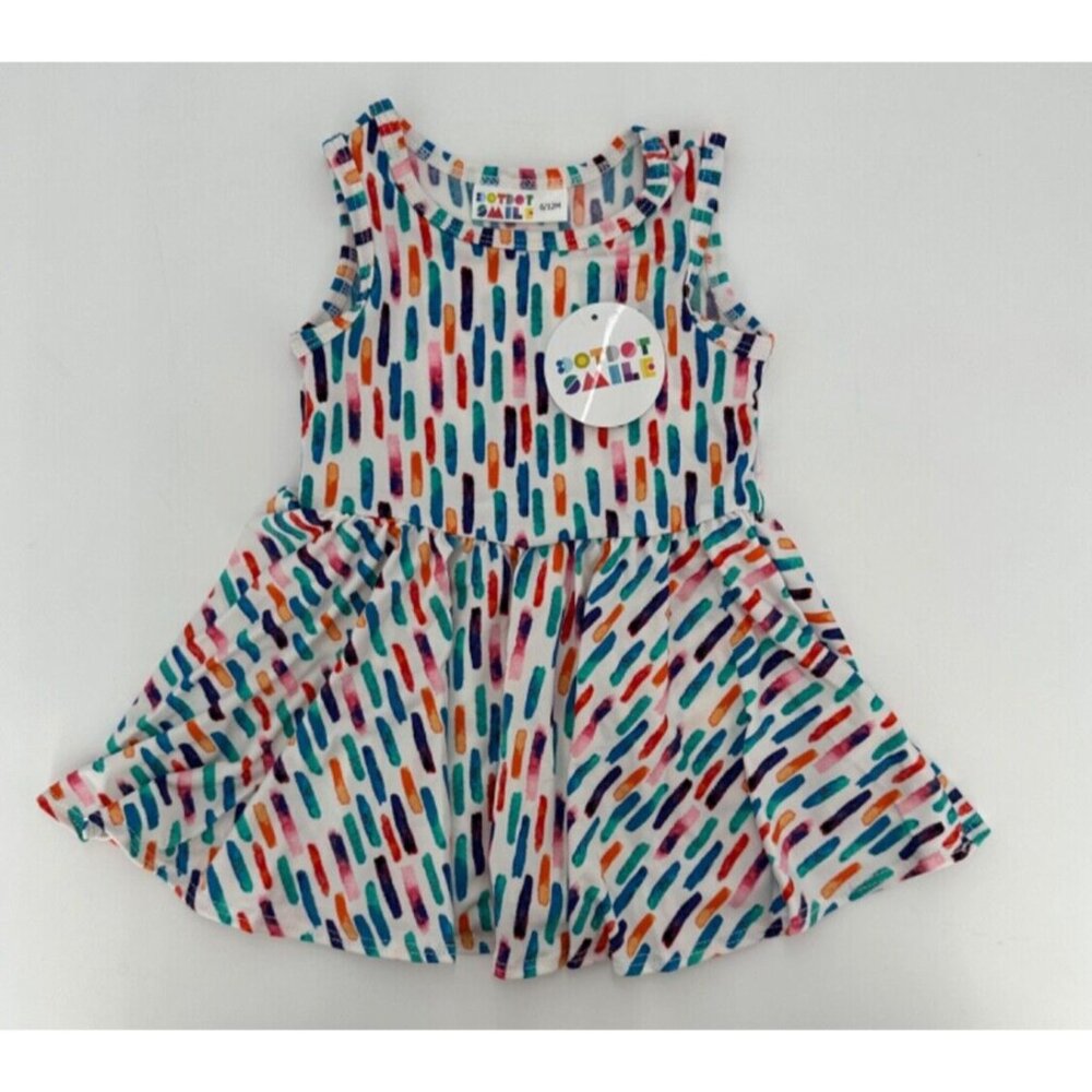 Dot Dot Smile Girl's Tank Dress sz 6-12 Months Sleeveless White/Colorful Dashes